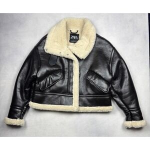 Zara Womens Black Faux Leather Aviator Jacket Shearling Trim Cropped S 4341/724